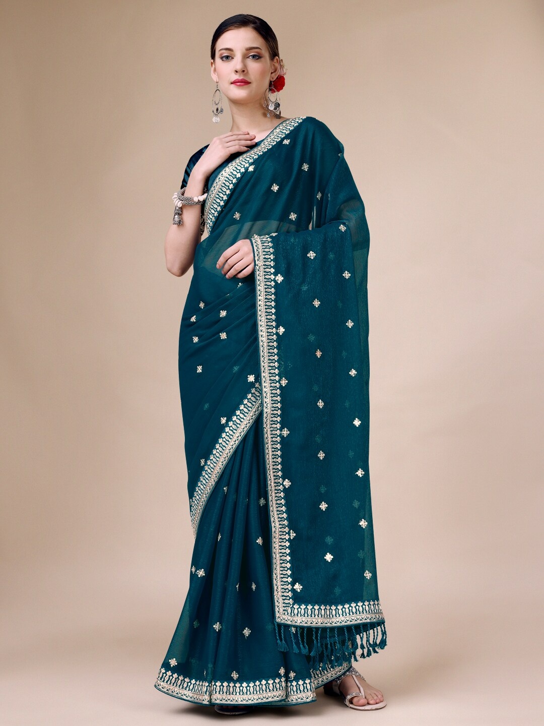 

Indian Women Ethnic Motifs Embroidered Sequinned Pure Chiffon Saree, Teal