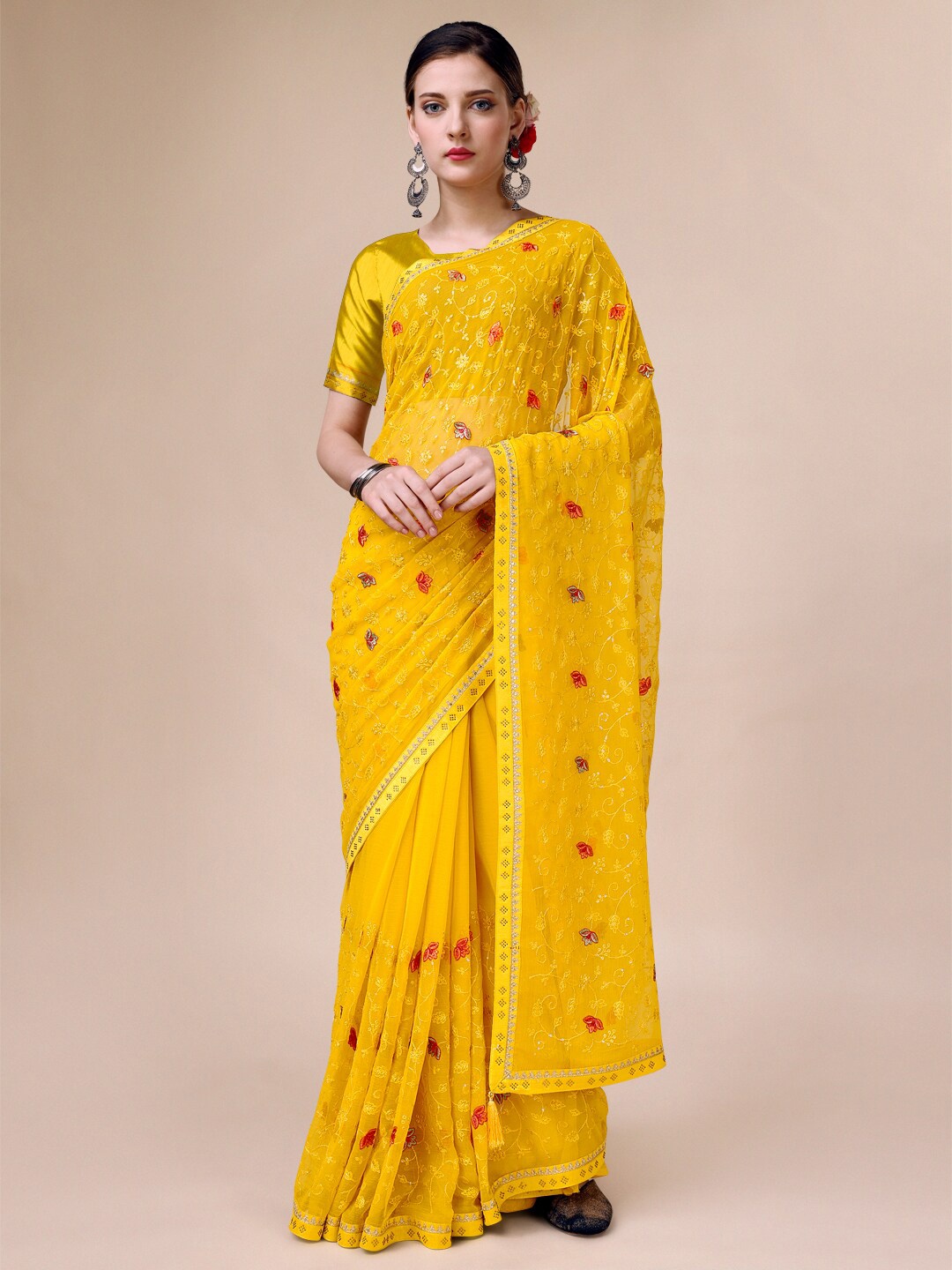 

Indian Women Floral Embroidered Sequinned Pure Chiffon Saree, Yellow