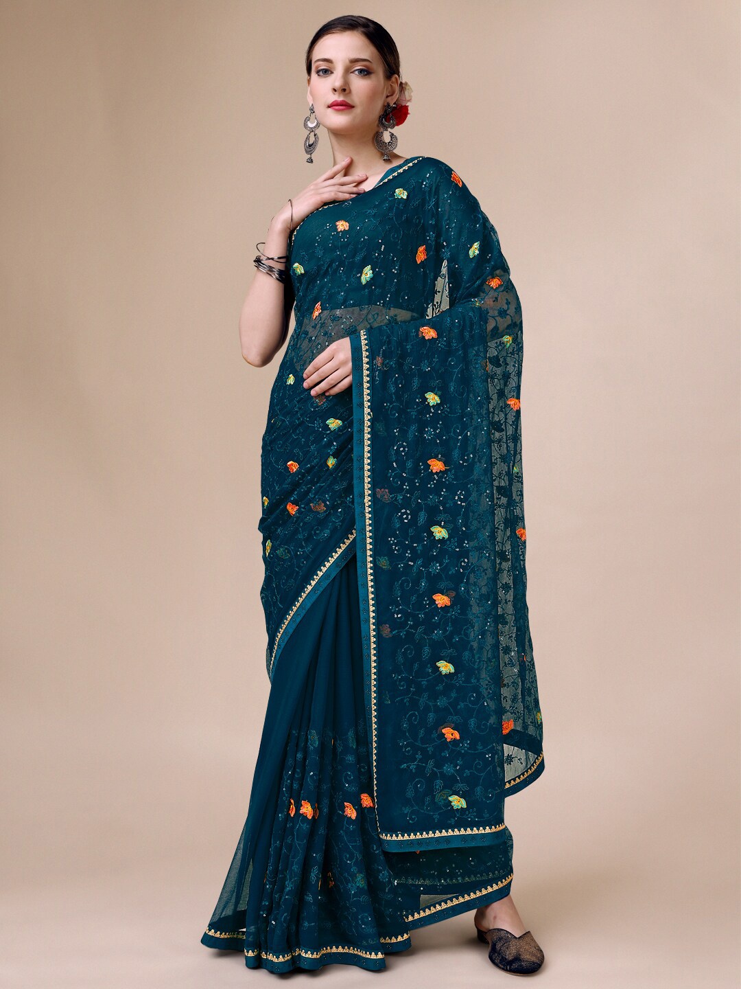 

Indian Women Floral Embroidered Sequinned Pure Chiffon Saree, Teal