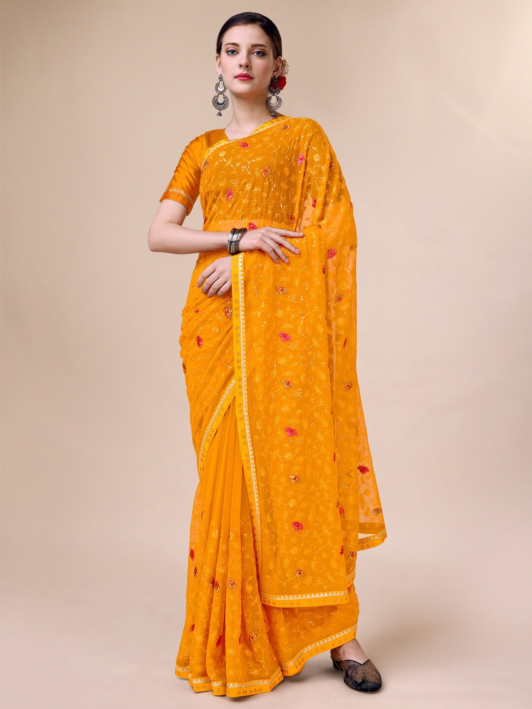 

Indian Women Ethnic Motifs Embroidered Pure Chiffon Saree, Mustard