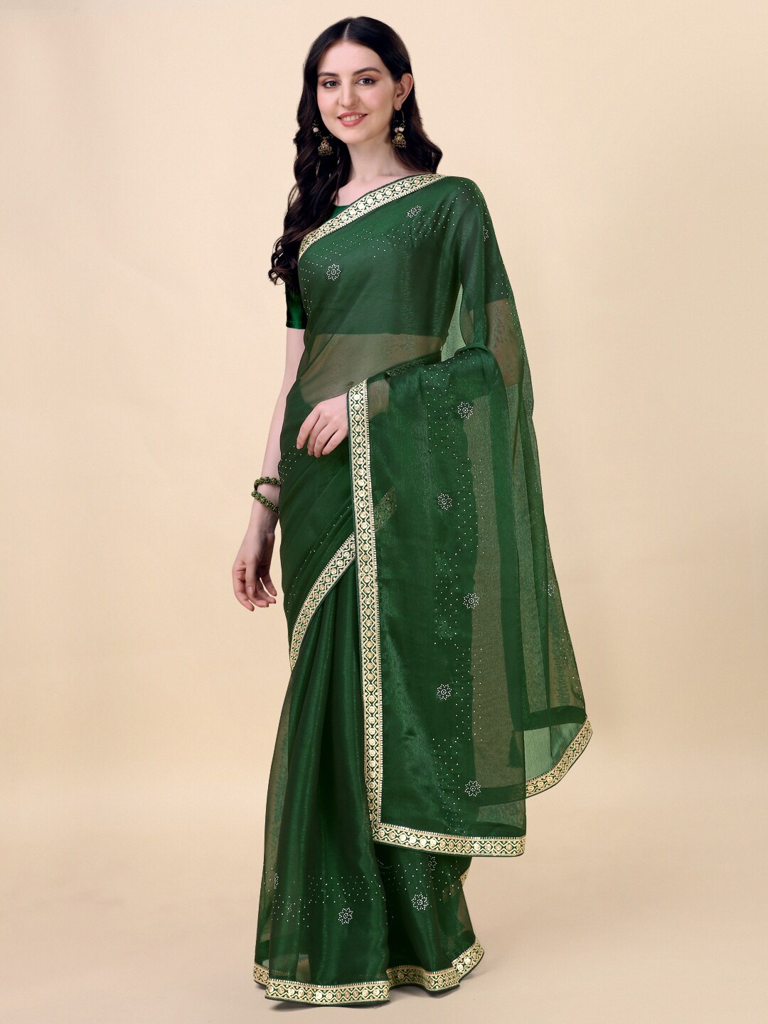 

Indian Women Embellished Beads And Stones Pure Chiffon Saree, Green