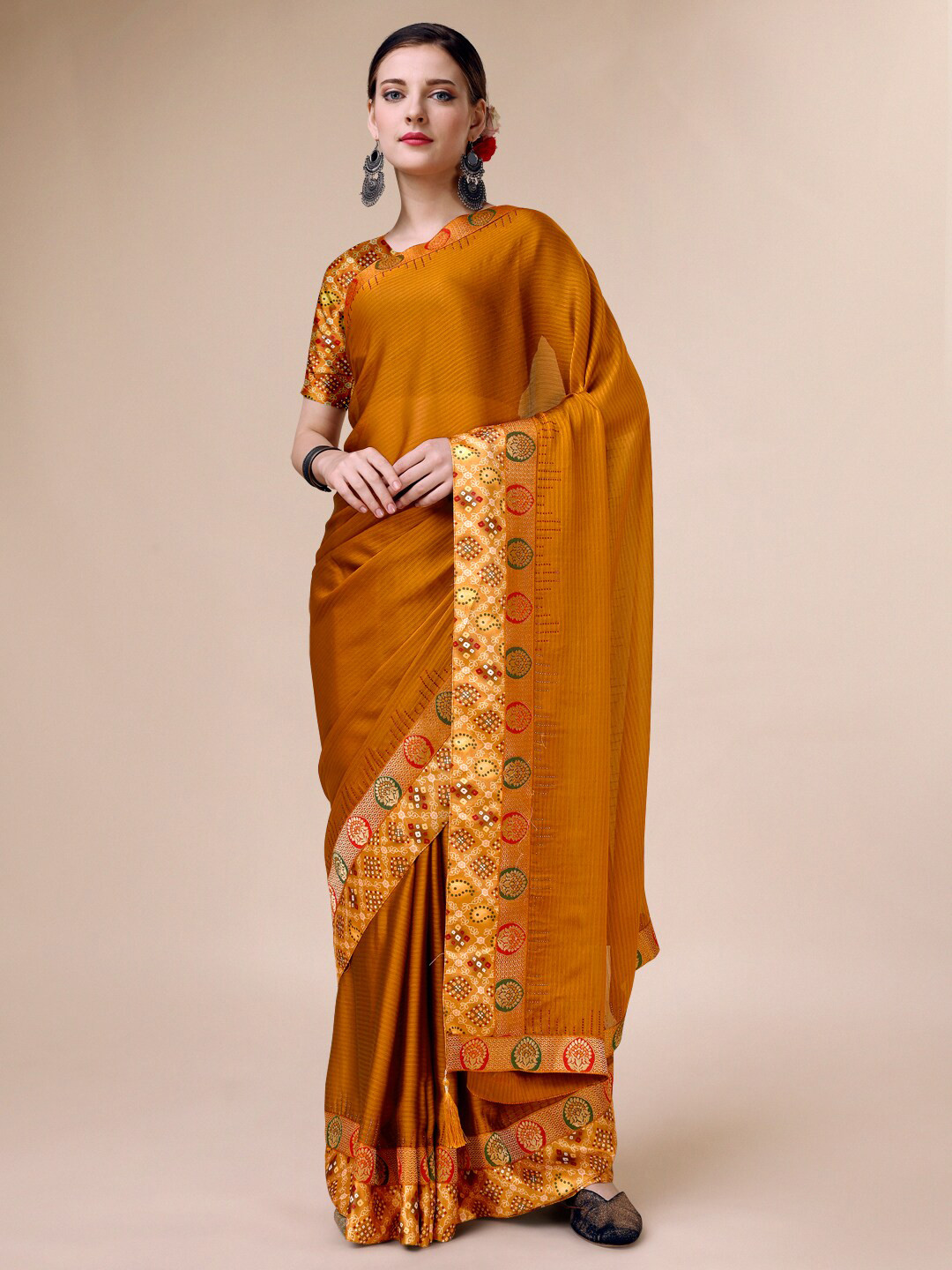 

Indian Women Pure Silk Saree With Woven Design Border, Mustard