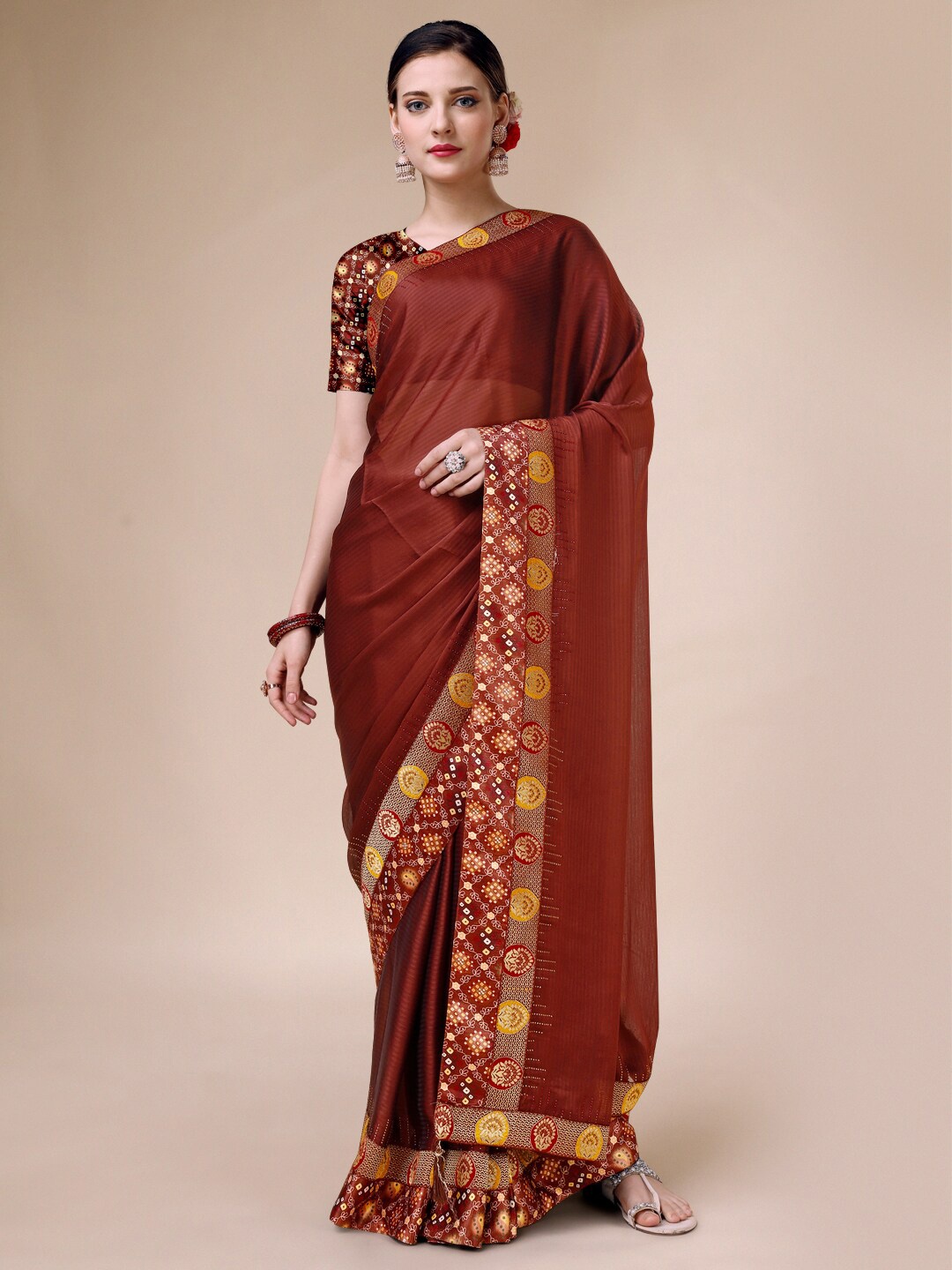 

Indian Women Pure Silk Saree With Woven Design Border, Brown