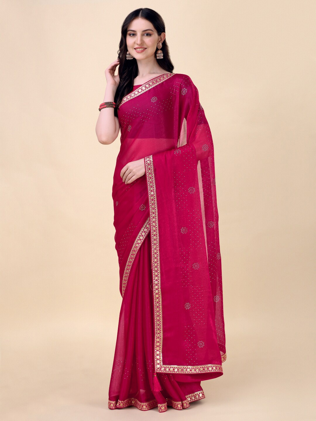 

Indian Women Embellished Beads And Stones Pure Chiffon Saree, Pink