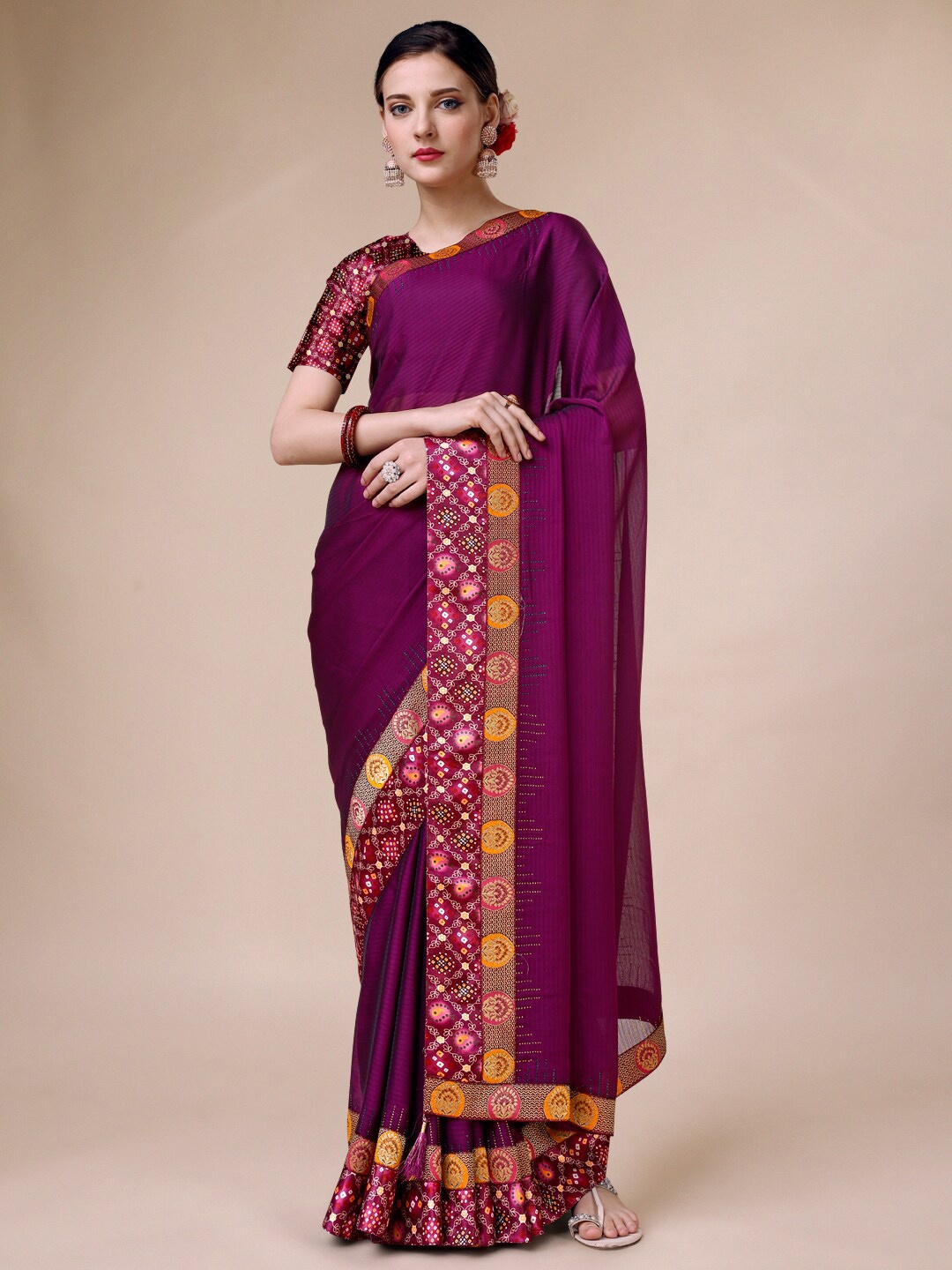 

Indian Women Pure Silk Saree With Woven Design Border, Purple