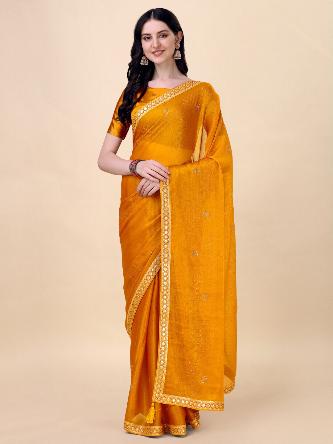 

Indian Women Embellished Beads And Stones Pure Chiffon Saree, Yellow