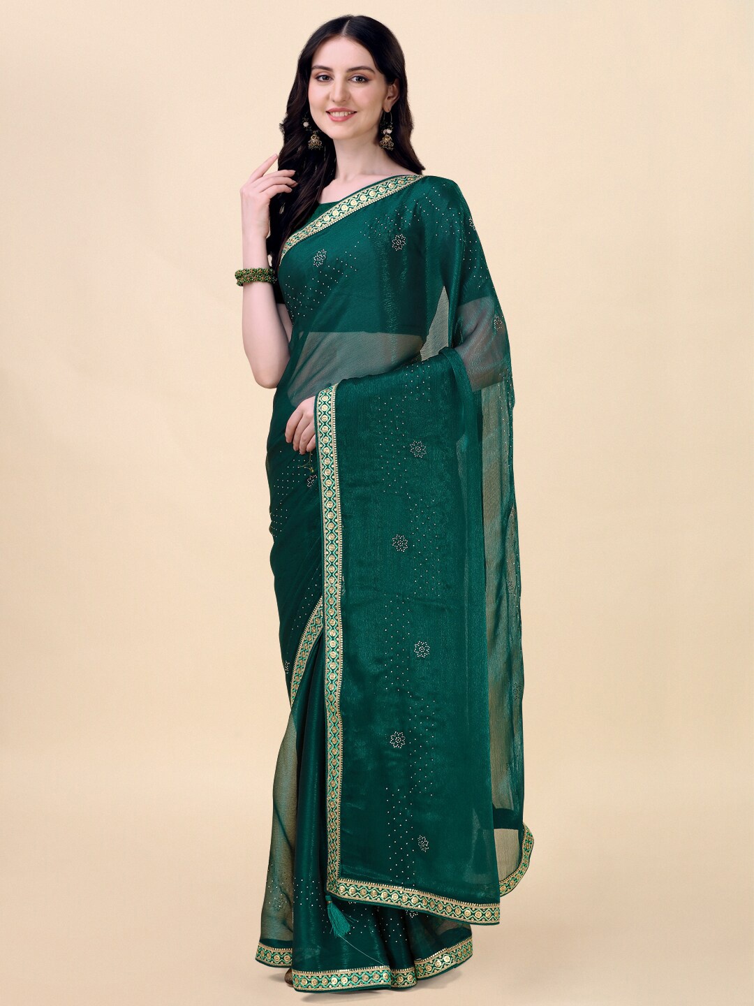 

Indian Women Embellished Beads and Stones Pure Chiffon Saree, Sea green