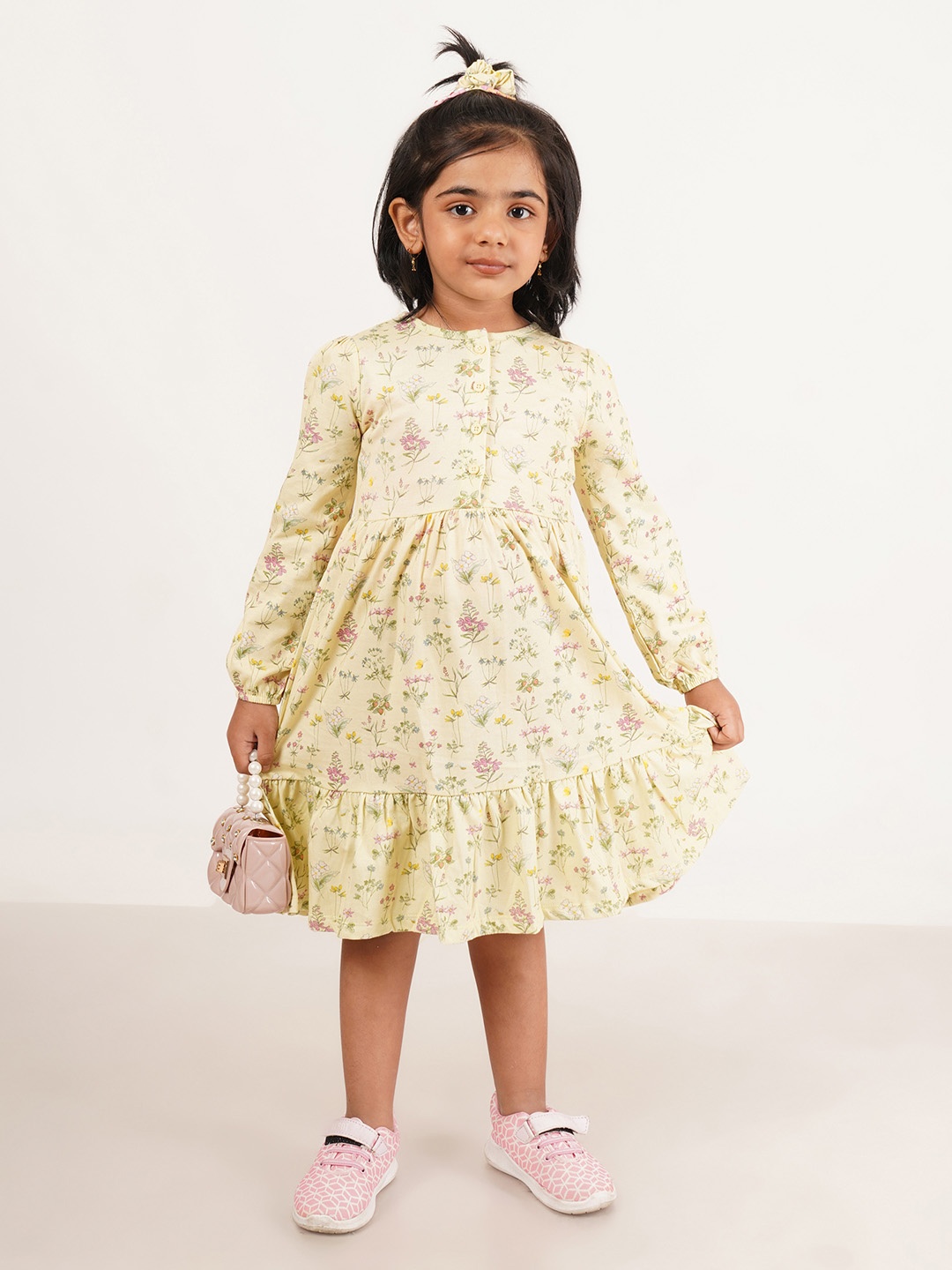 

JusCubs Girls Floral Print Puff Sleeve A-Line Dress, Lime green