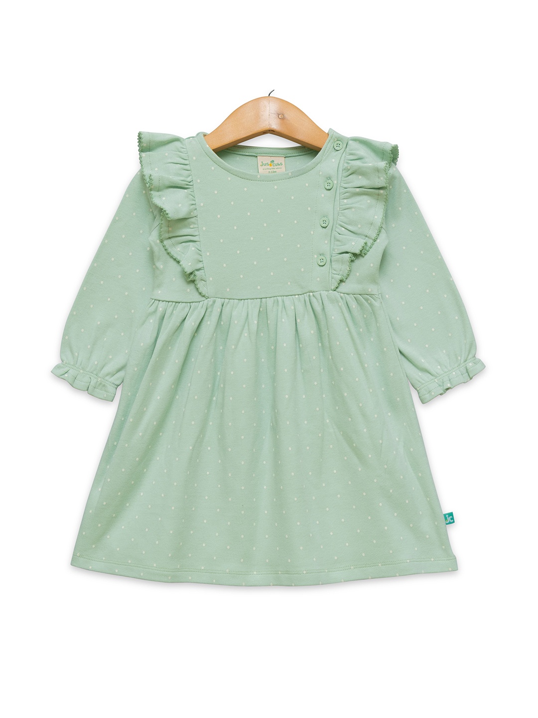 

JusCubs Girls Polka Dots Printed Ruffled Cotton Fit & Flare Dress, Green