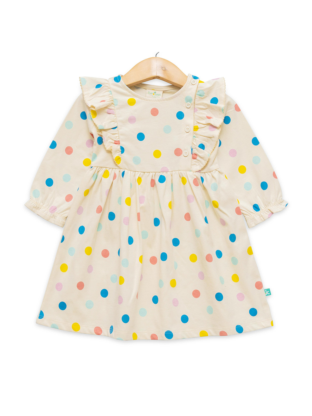 

JusCubs Girls Polka Dots Printed Puff Sleeve Ruffled Cotton Fit & Flare Dress, Off white