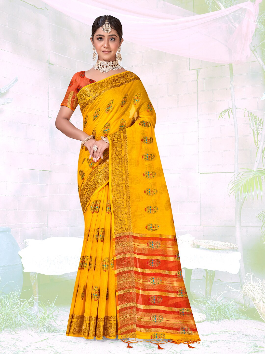 

Anouk Ethnic Motifs Woven Design Zari Pure Cotton Chanderi Saree, Yellow