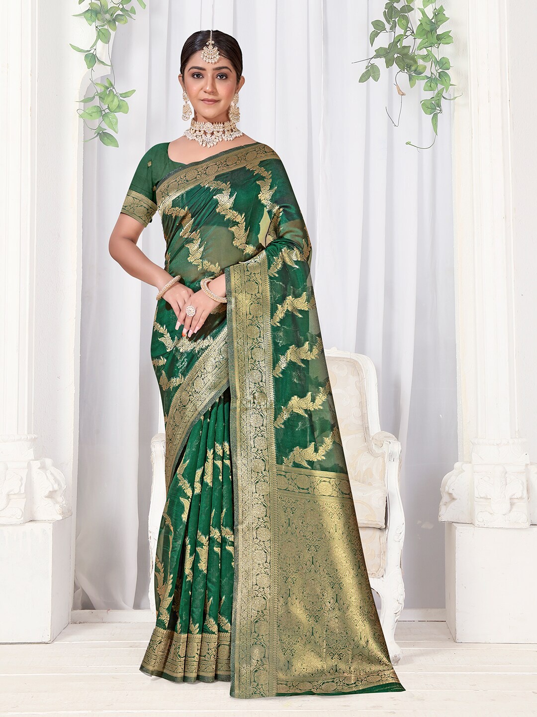 

Anouk Ethnic Motifs Woven Design Zari Organza Saree, Green