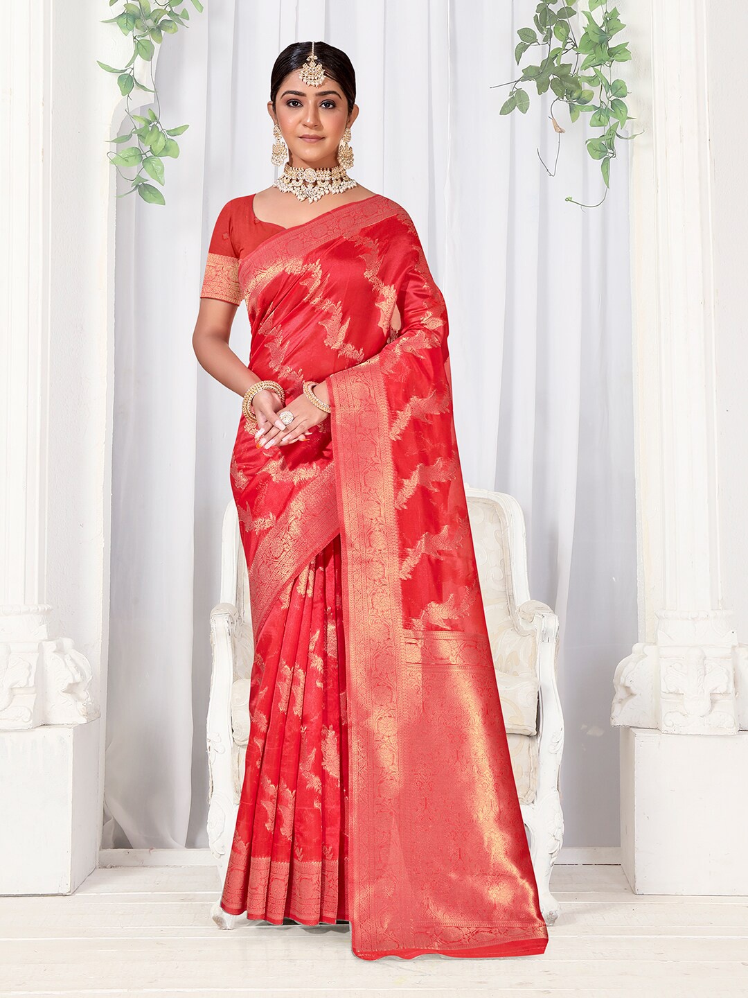 

Anouk Pink & Gold-Toned Floral Woven Design Zari Organza Saree