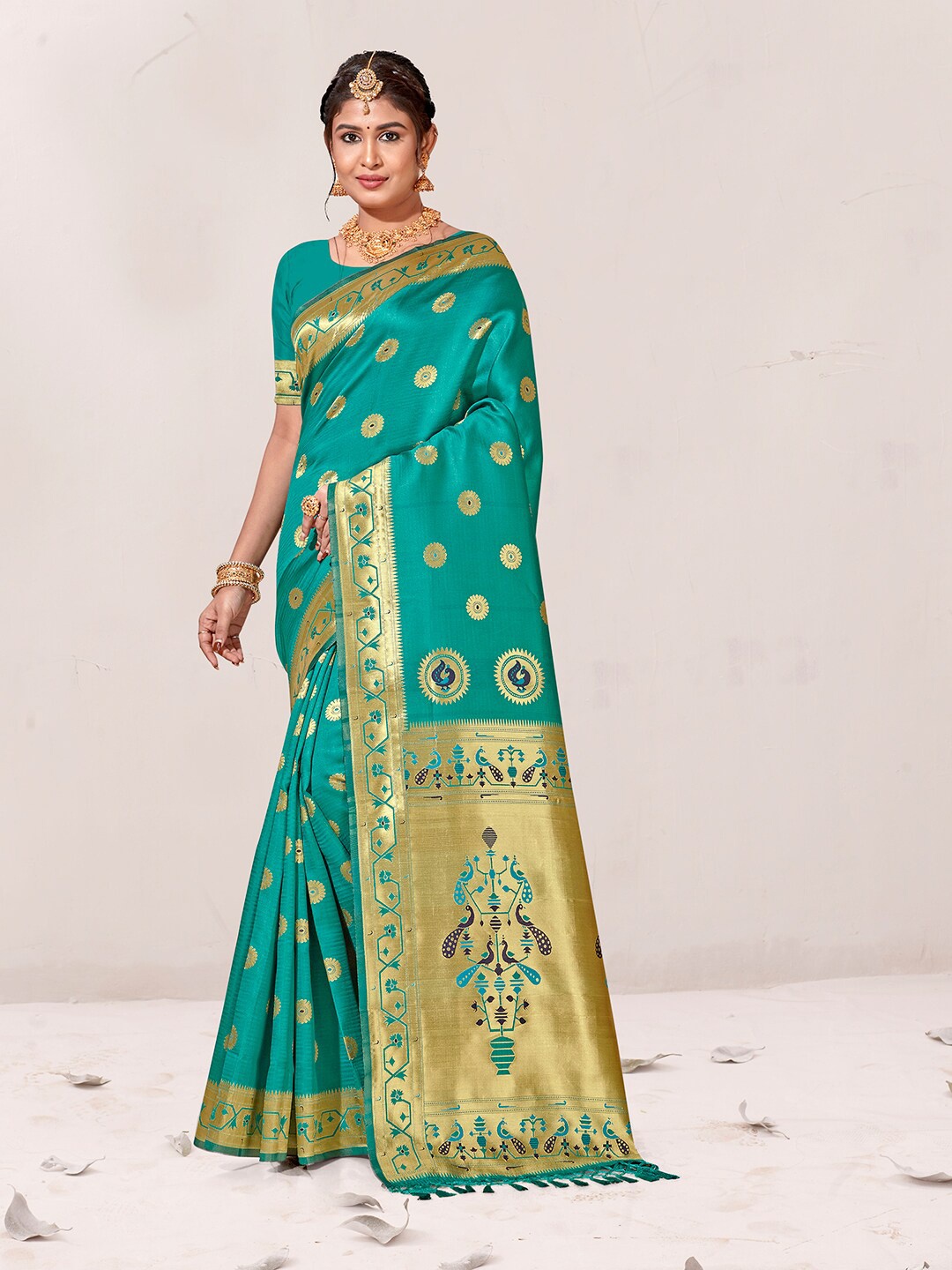 

Anouk Rustic Ethnic Motifs Woven Design Zari Organza Saree, Turquoise blue