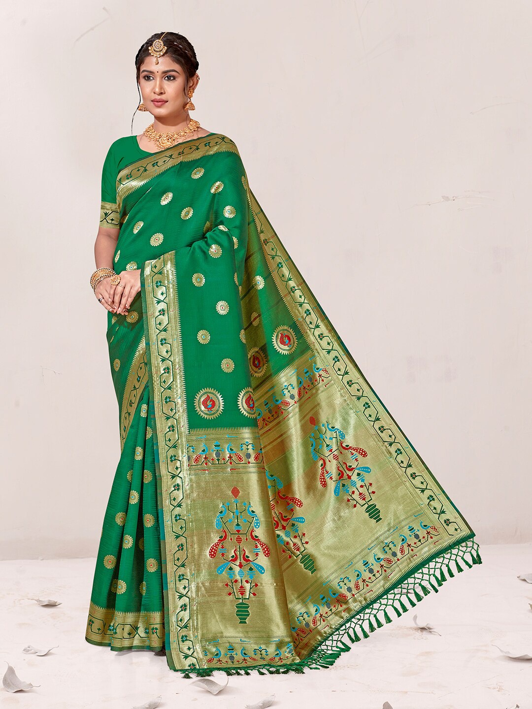

Anouk Rustic Green & Red Ethnic Motifs Woven Design Zari Organza Saree