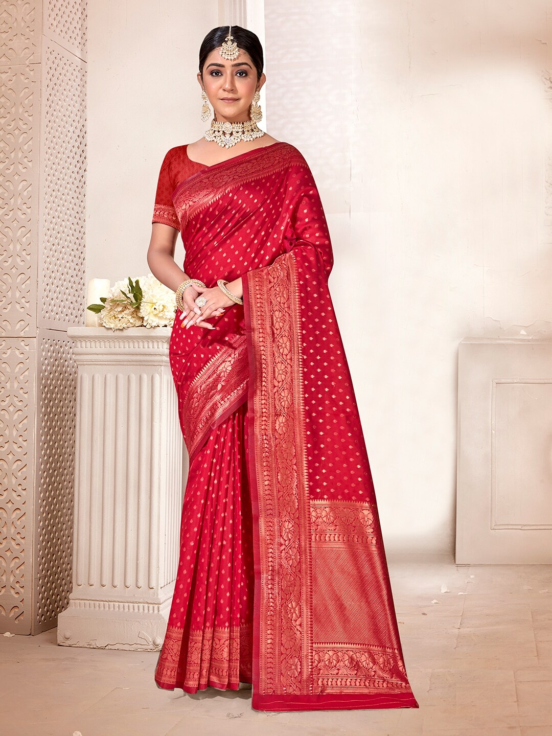 

Anouk Rustic Red & Gold-Toned Ethnic Woven Design Zari Banarasi Saree