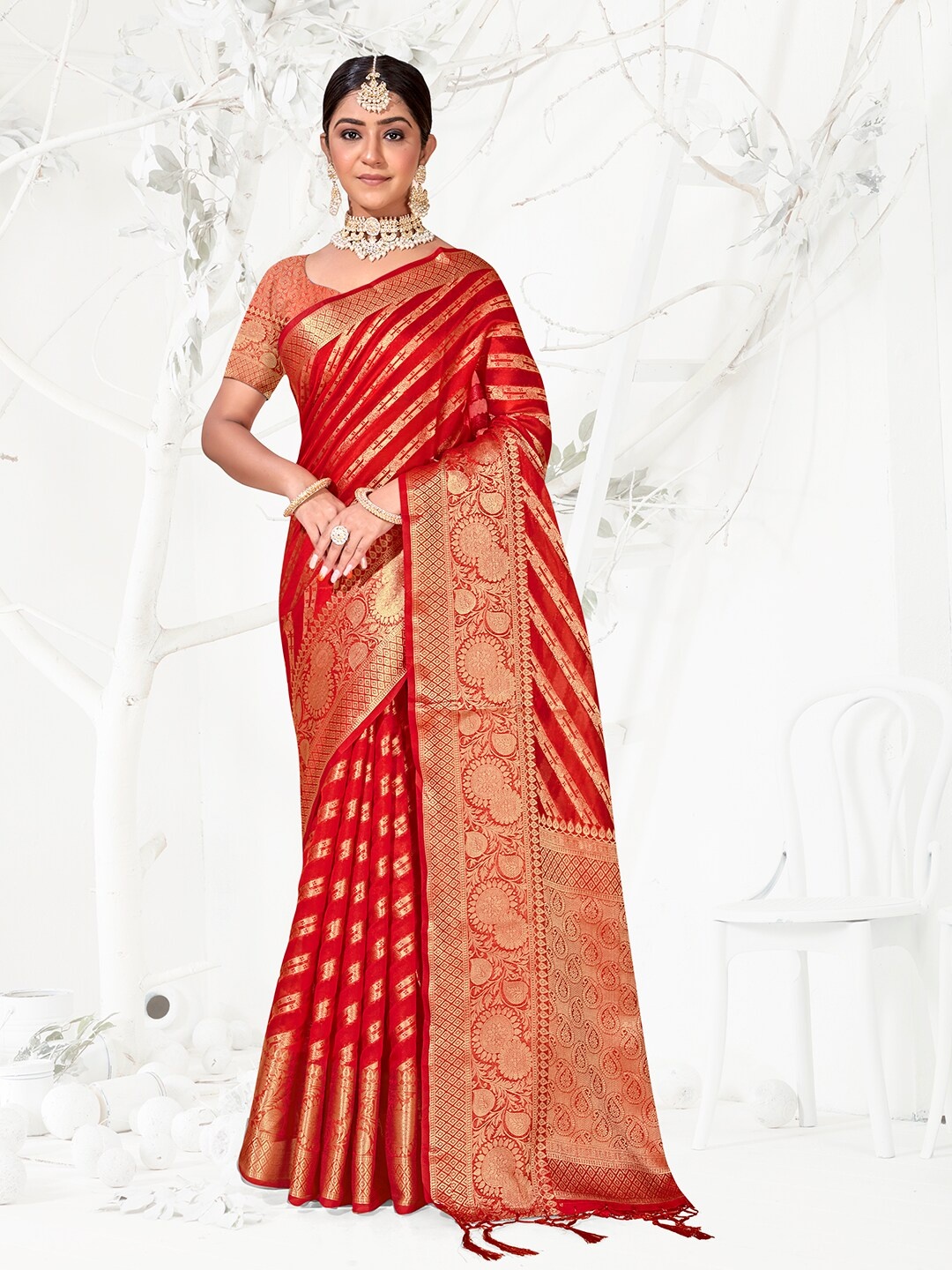 

Anouk Red & Gold-Toned Ethnic Woven Design Zari Organza Saree