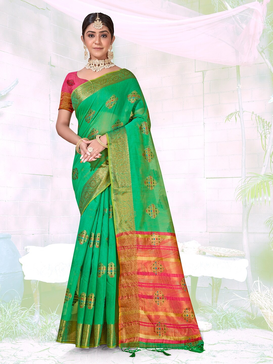 

Anouk Rustic Ethnic Motifs Woven Design Zari Pure Cotton Chanderi Saree, Green