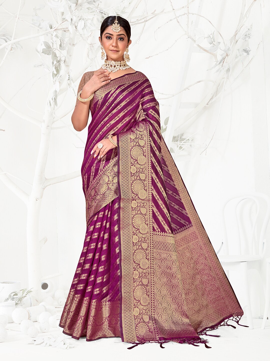 

Anouk Purple & Gold-Toned Striped Zari Organza Saree
