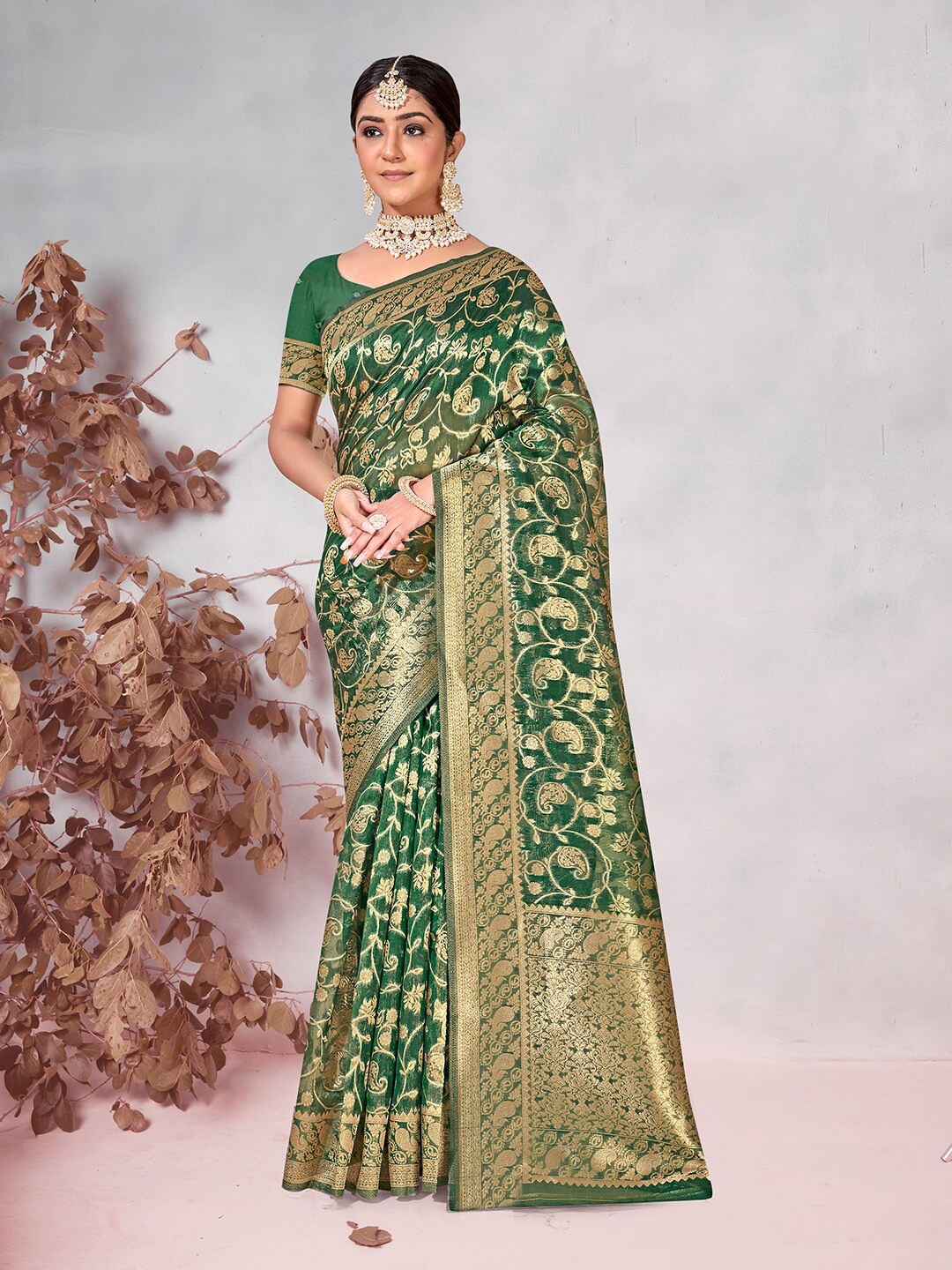 

Anouk Ethnic Motifs Woven Design Zari Pure Cotton Chanderi Saree, Green
