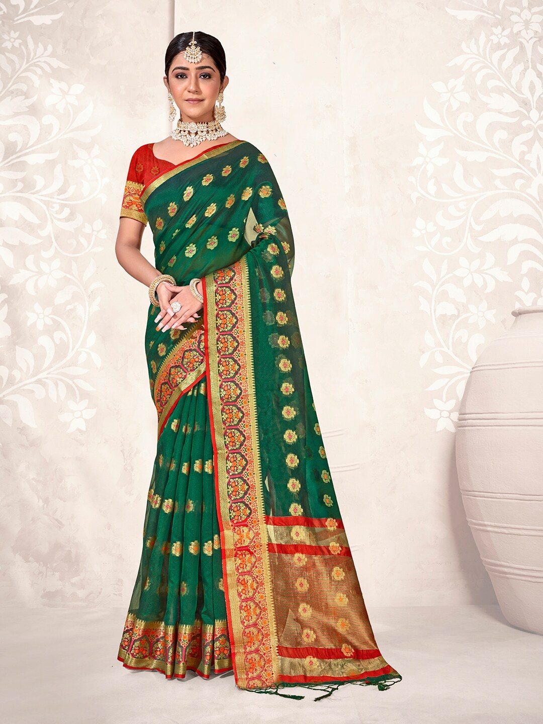 

Anouk Green & Red Ethnic Woven Design Zari Pure Cotton Chanderi Saree