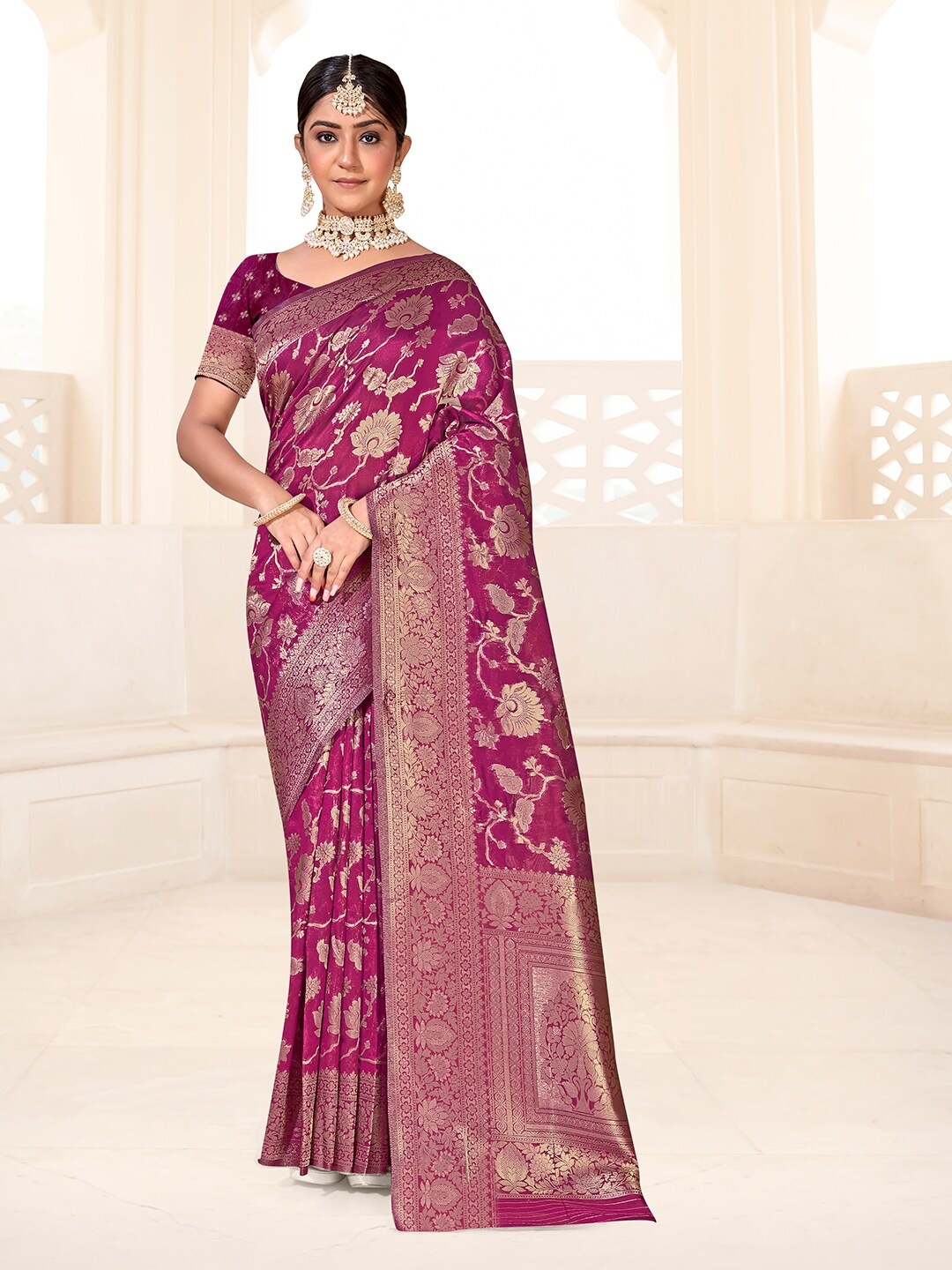 

Anouk Floral Woven Design Zari Pure Cotton Chanderi Saree, Purple