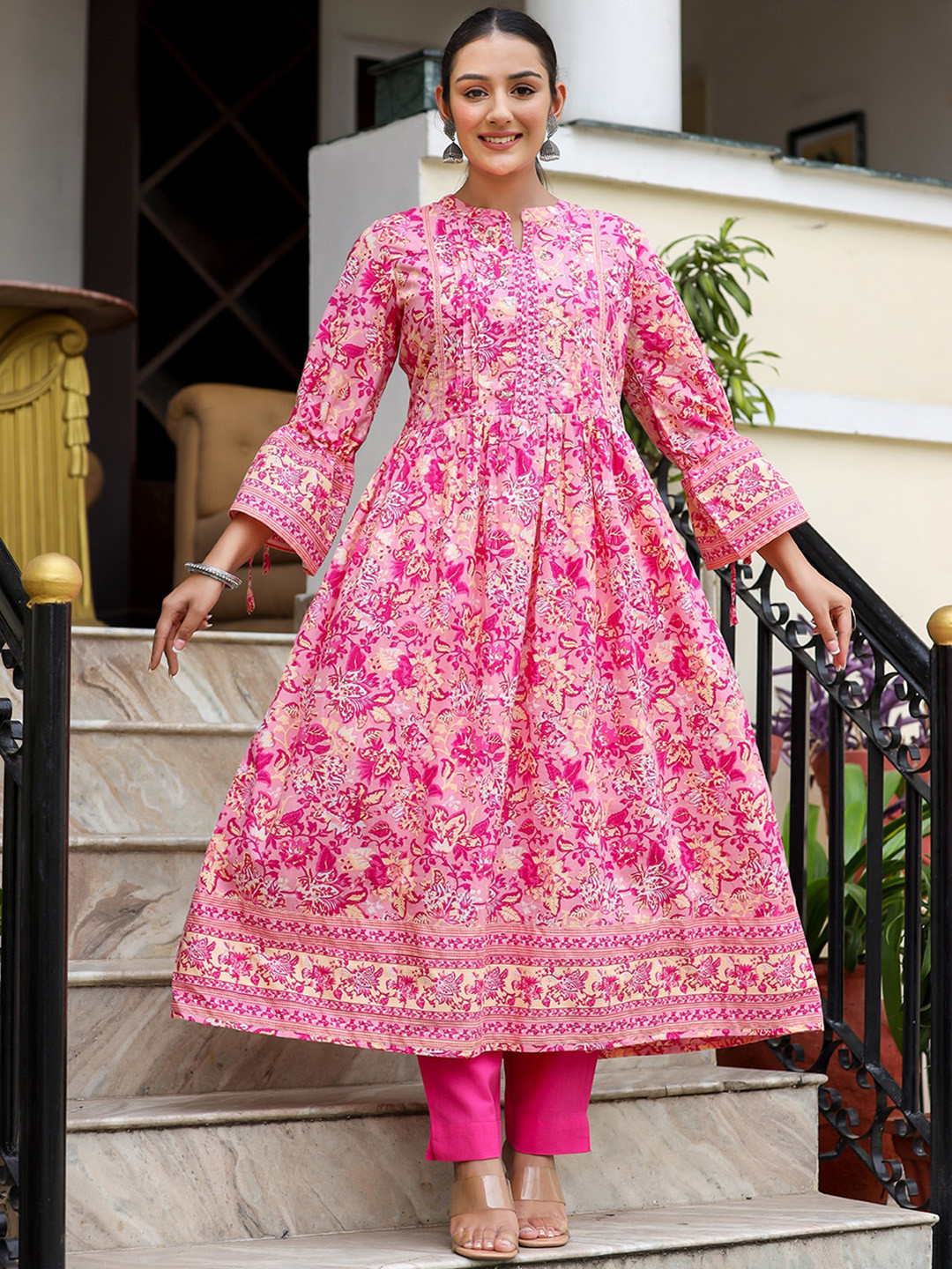 

KAAJH Floral Printed Zari Detail Bell Sleeves Anarkali Pure Cotton Kurta with Trousers, Pink