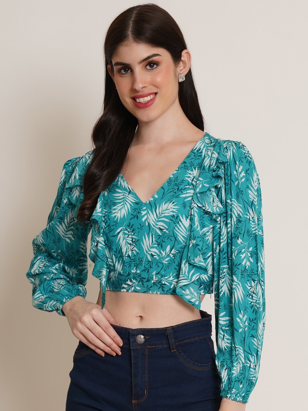

IX IMPRESSION Floral Printed V-Neck Puff Sleeve Ruffled Regular Crop Top, Green