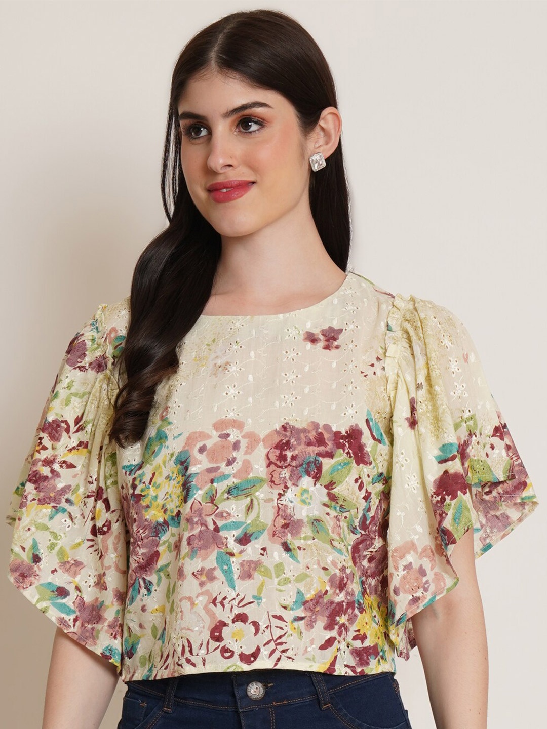 

IX IMPRESSION Floral Printed Embroidered Flared Sleeve Regular Crop Top, Yellow
