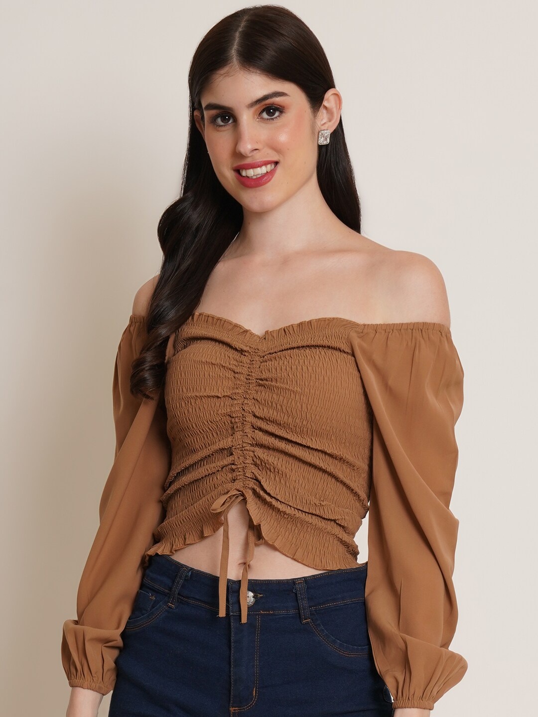 

IX IMPRESSION Off-Shoulder Smocked Ruched Bardot Crop Top, Brown