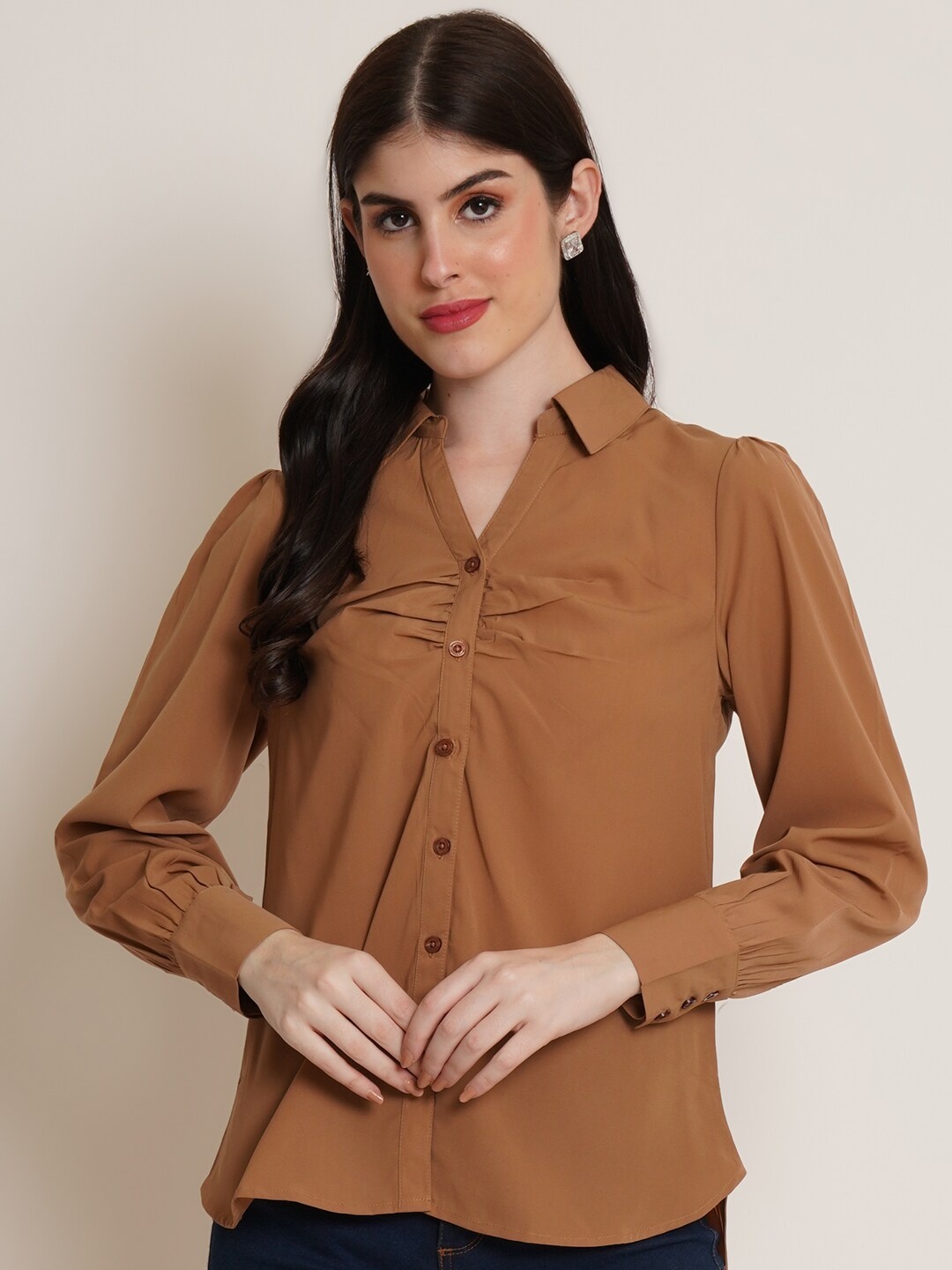 

IX IMPRESSION Shirt Collar Cuffed Sleeve Gathered Satin Shirt Style Top, Brown