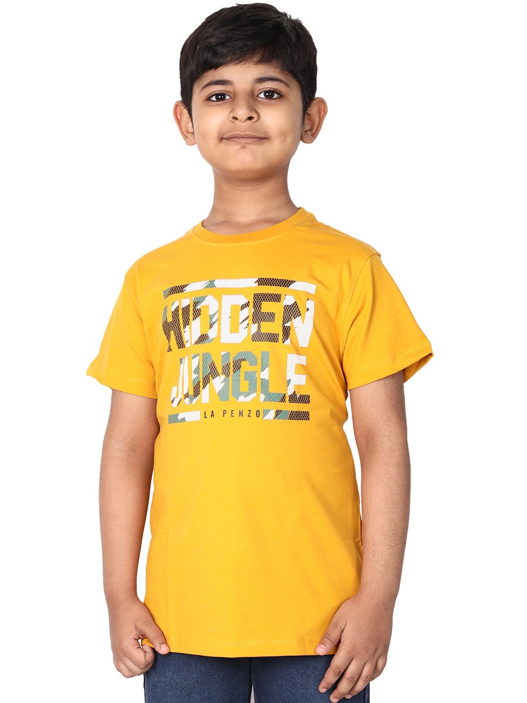 

BETTER THINK Boys Typography Printed Cotton T-shirt, Mustard