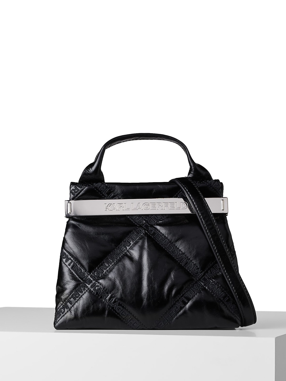 

Karl Lagerfeld Textured Structured Leather Handheld Bag With Quilted, Black