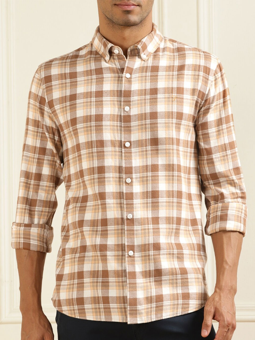 

Farah Tartan Checks Button-Down Collar Pure Cotton Casual Shirt, Brown