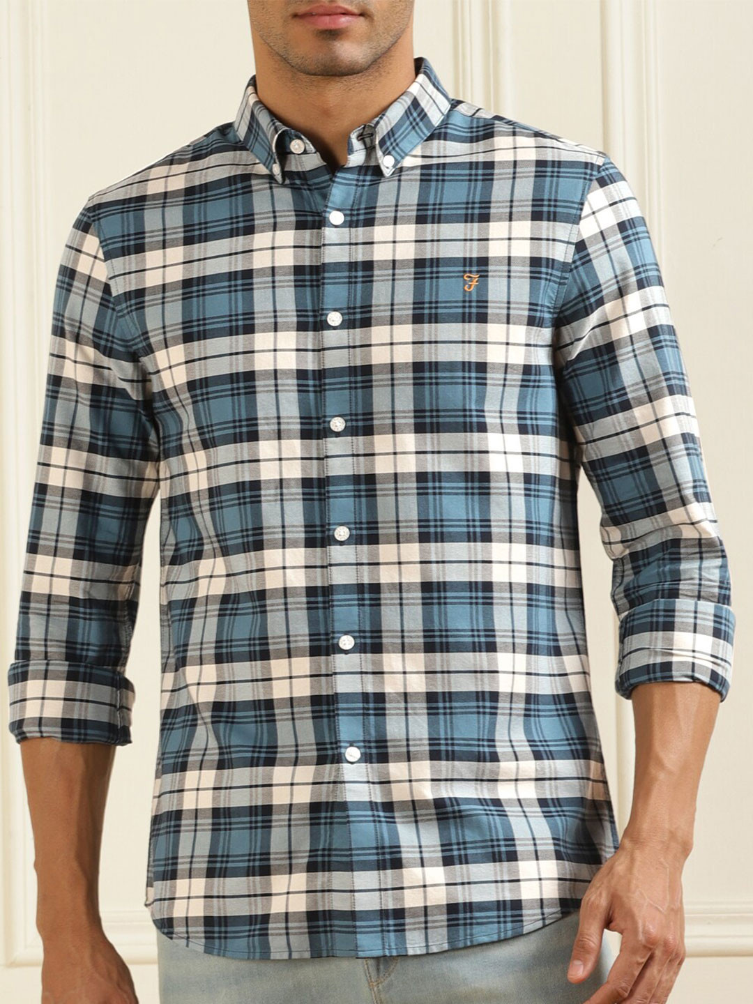 

Farah Slim Fit Tartan Checks Button-Down Collar Pure Cotton Casual Shirt, Beige