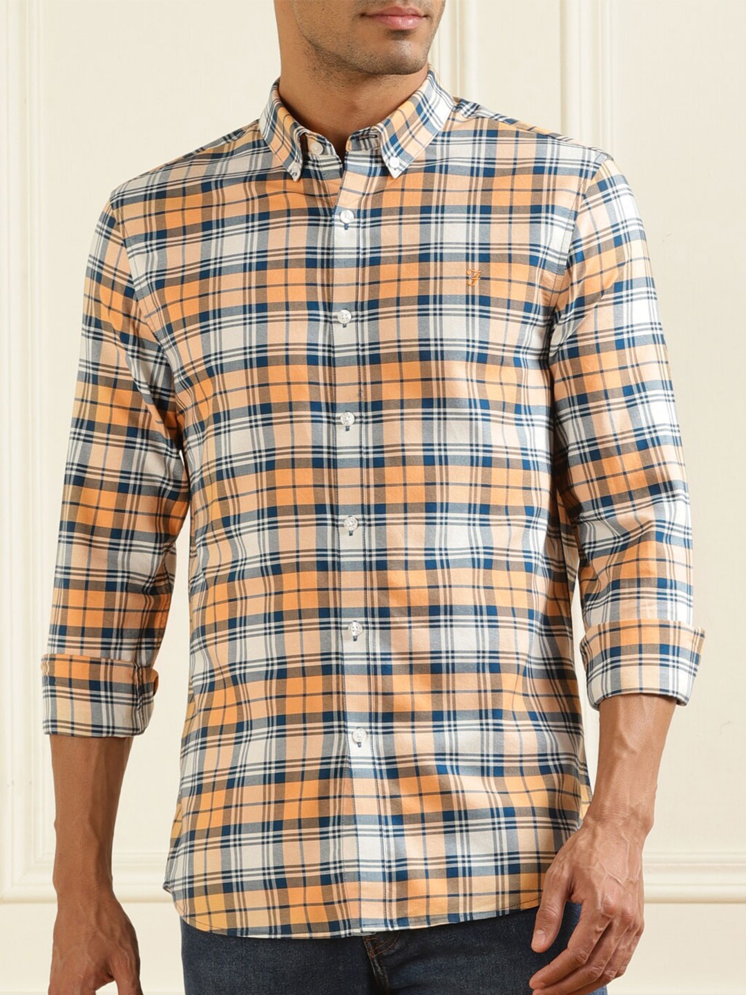 

Farah Slim Fit Tartan Checks Button-Down Collar Pure Cotton Casual Shirt, Orange