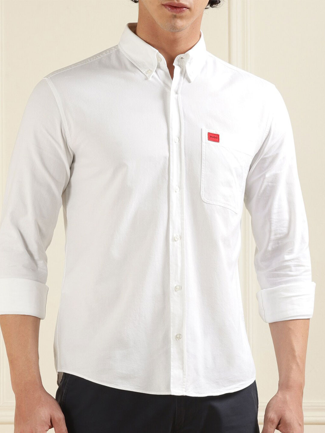 

HUGO Button-Down Collar Patch Pocket Casual Pure Cotton Shirt, White