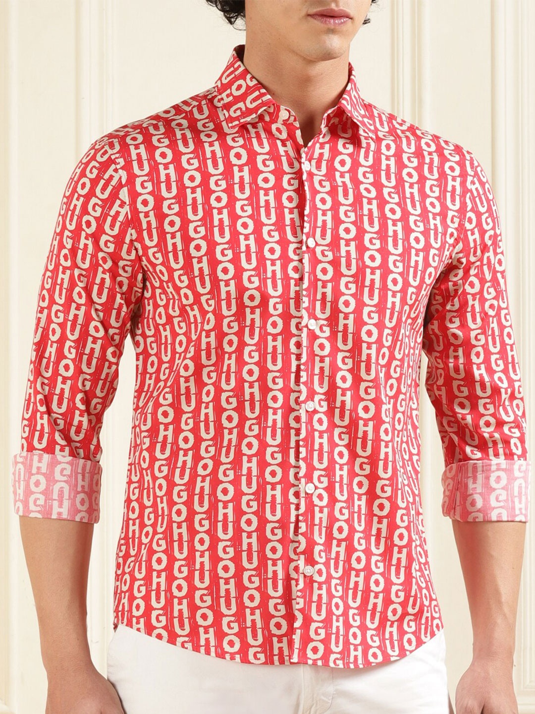

HUGO Spread Collar Brand Name Printed Casual Shirt, Red