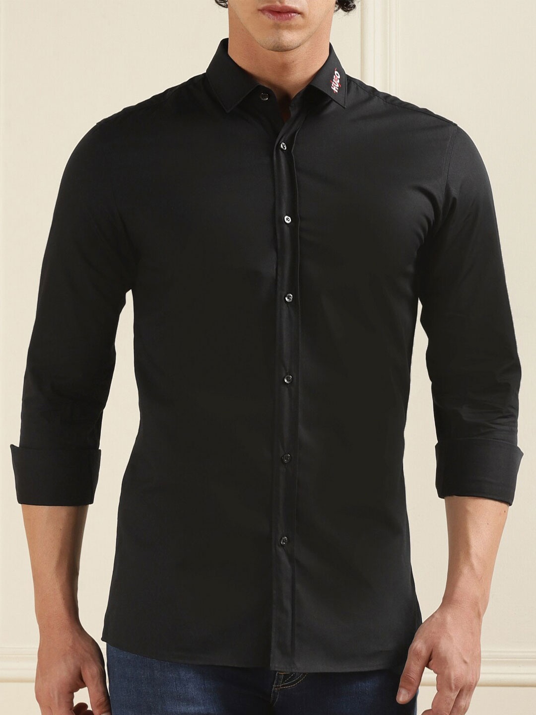 

HUGO Spread Collar Casual Pure Cotton Shirt, Black