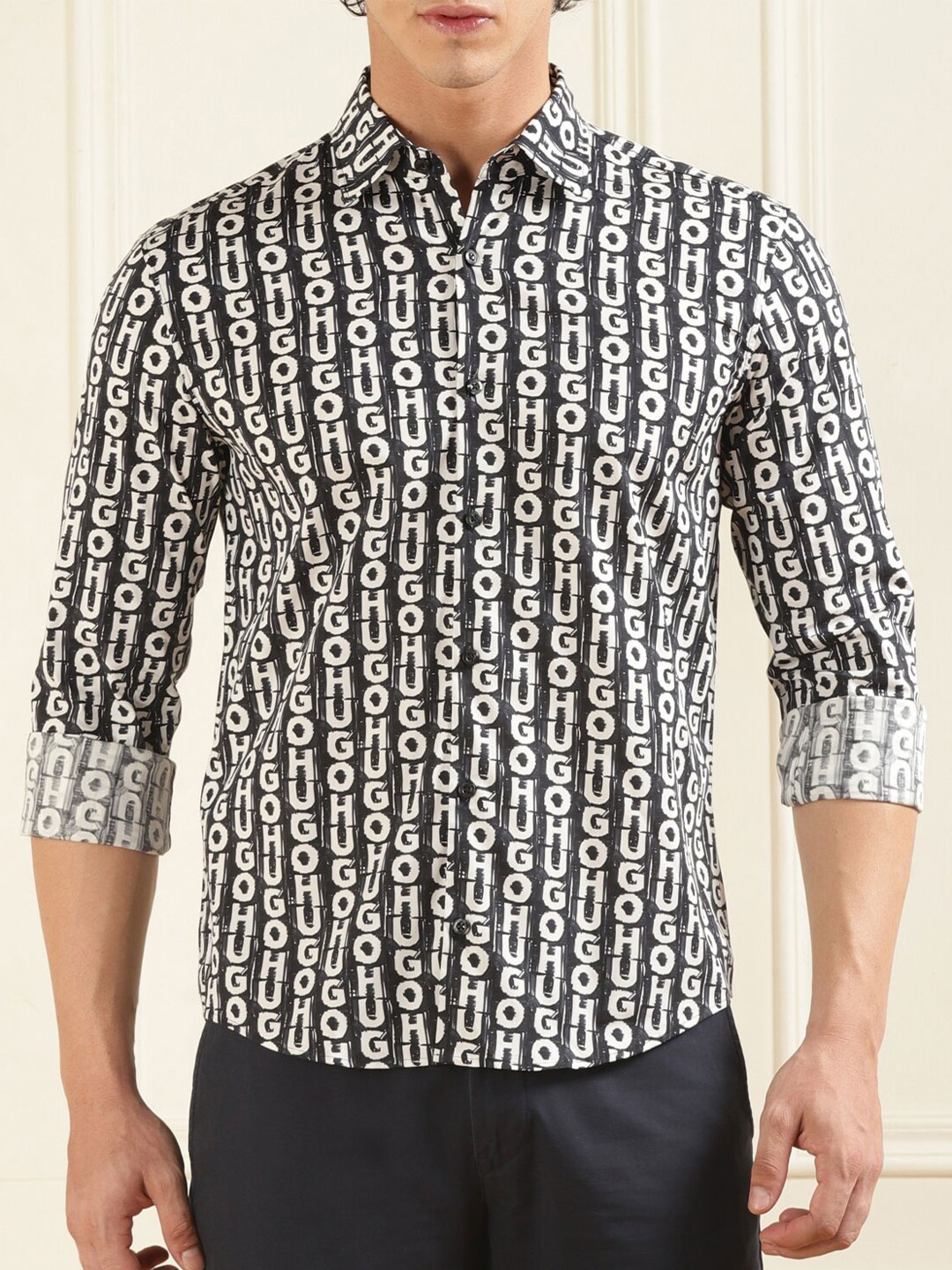 

HUGO Spread Collar Brand Name Printed Casual Shirt, Black