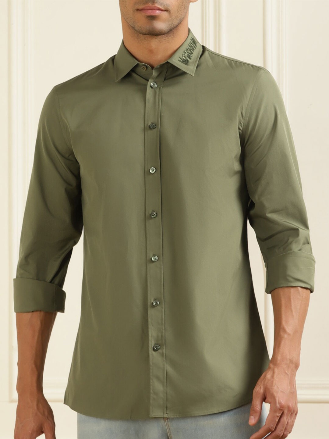 

MOSCHINO COUTURE Spread Collar Embroidered Casual Pure Cotton Shirt, Green