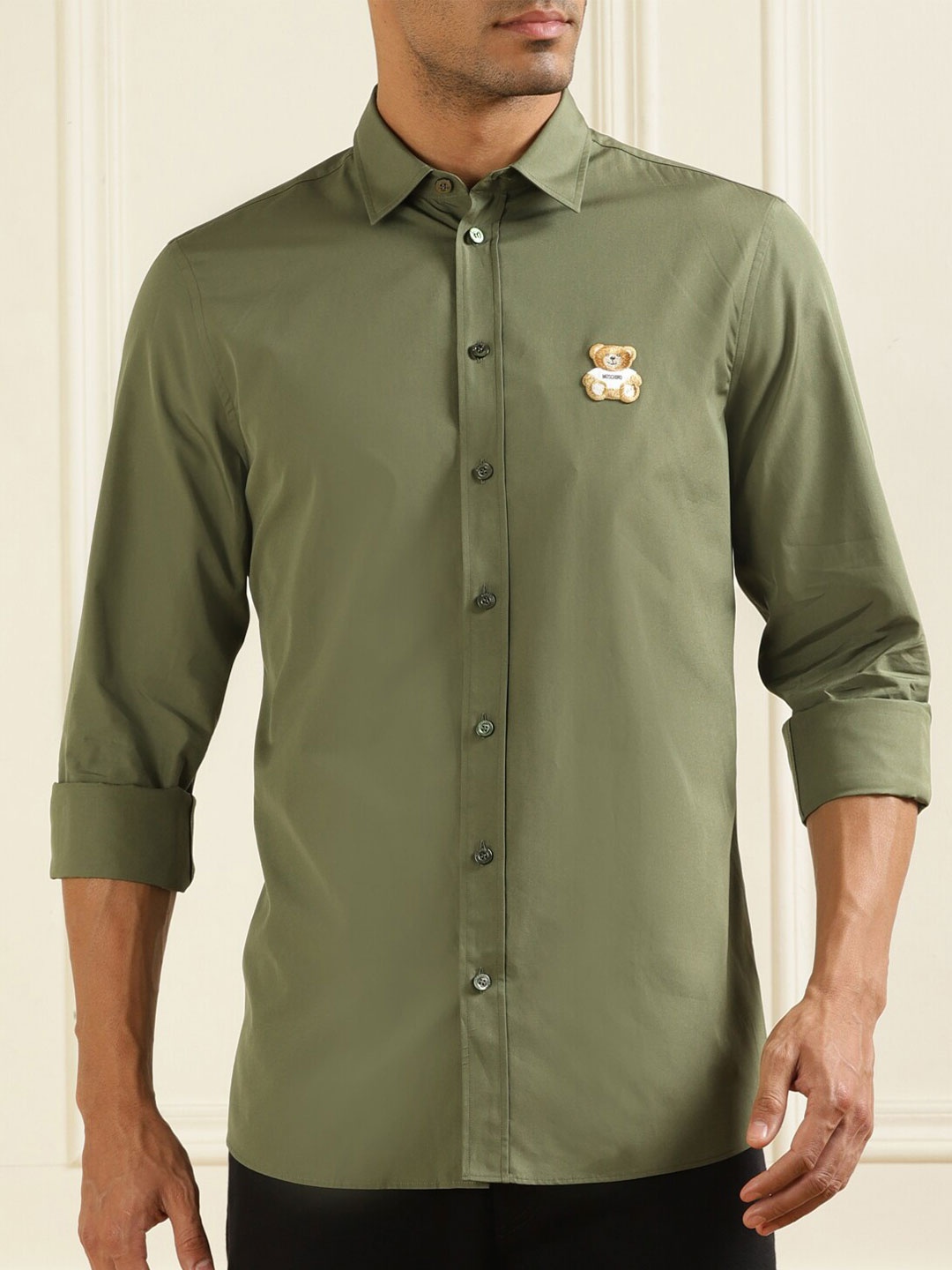 

MOSCHINO COUTURE Spread Collar Chest Patch Casual Pure Cotton Shirt, Olive