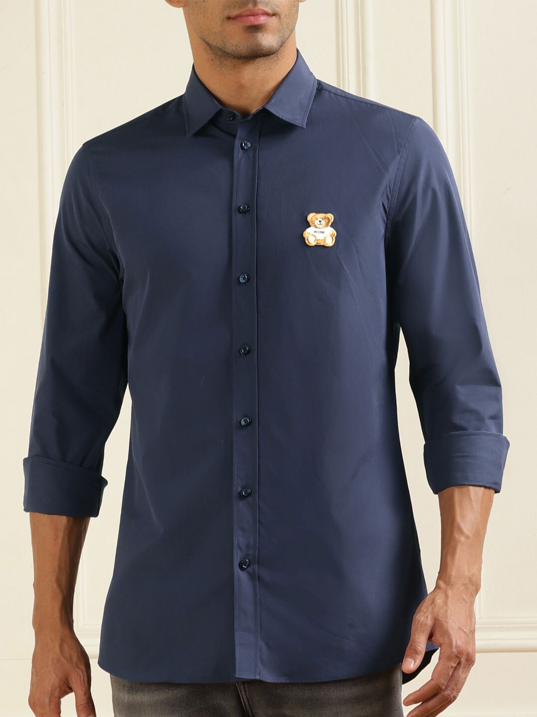 

MOSCHINO COUTURE Spread Collar Chest Patch Casual Pure Cotton Shirt, Blue