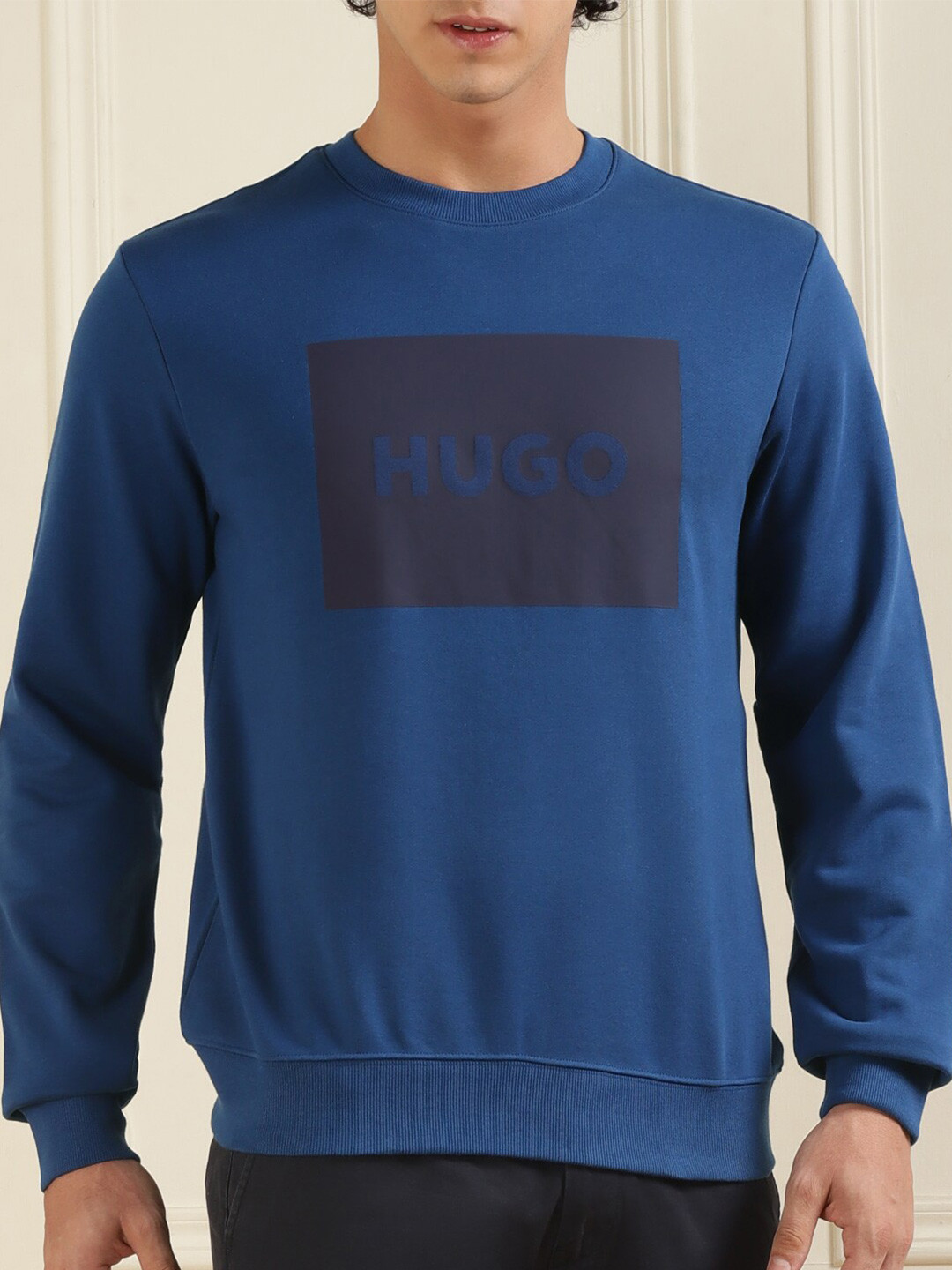 

HUGO Typography Printed Pure Cotton Pullover, Navy blue