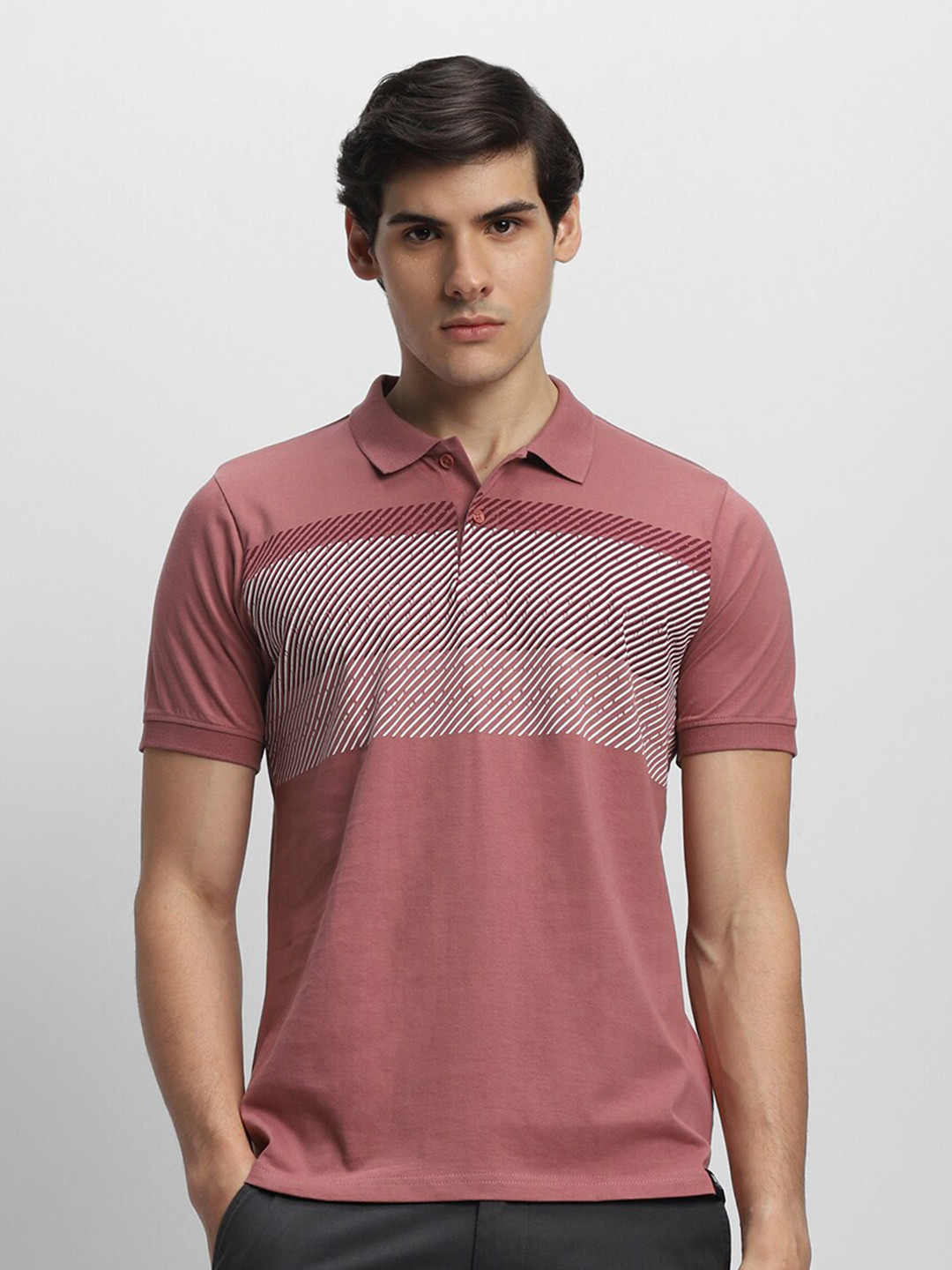 

Dennis Lingo Striped Polo Collar Pure Cotton T-shirt, Pink