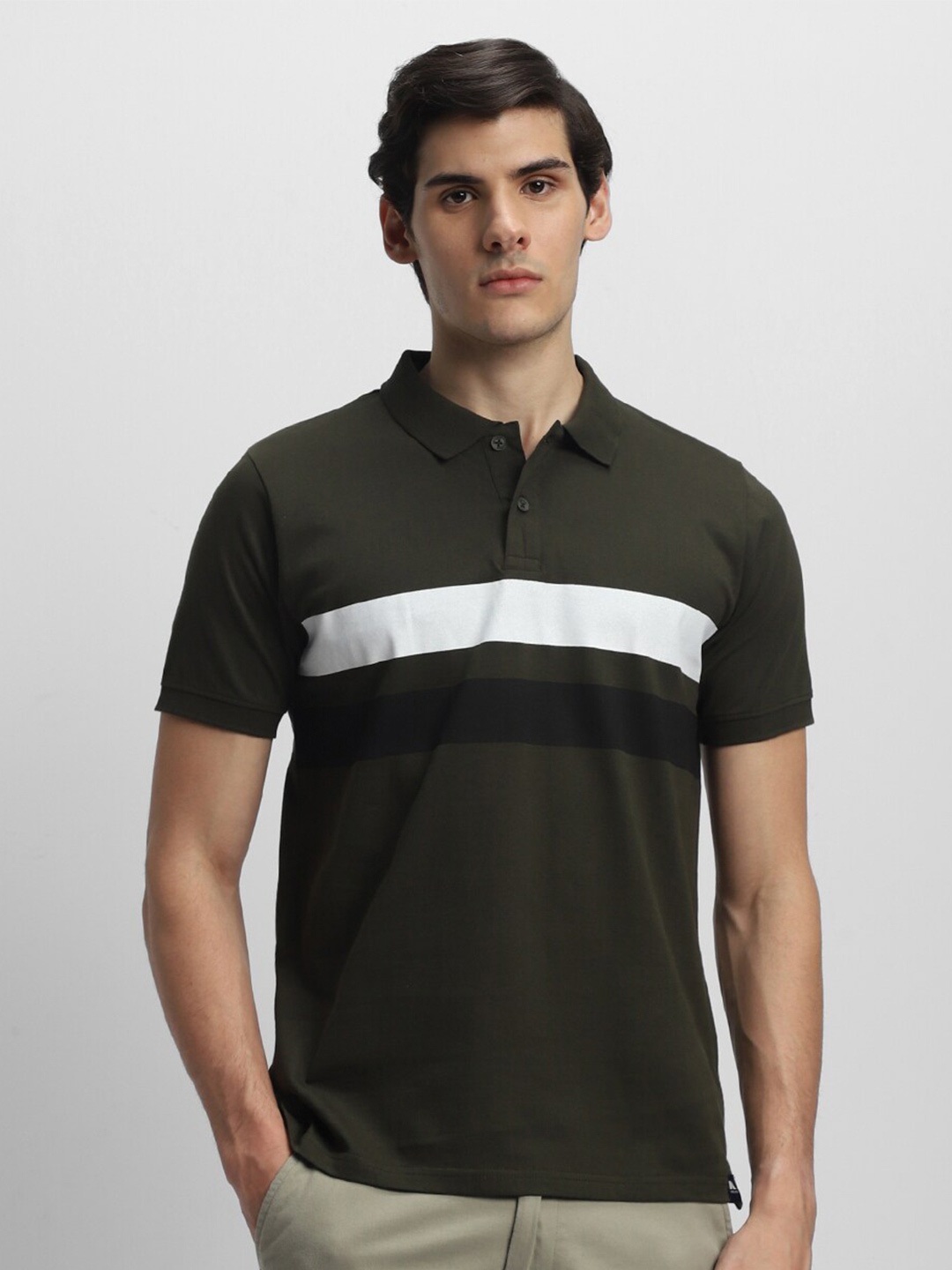 

Dennis Lingo Colourblocked Polo Collar Pure Cotton T-Shirt, Olive