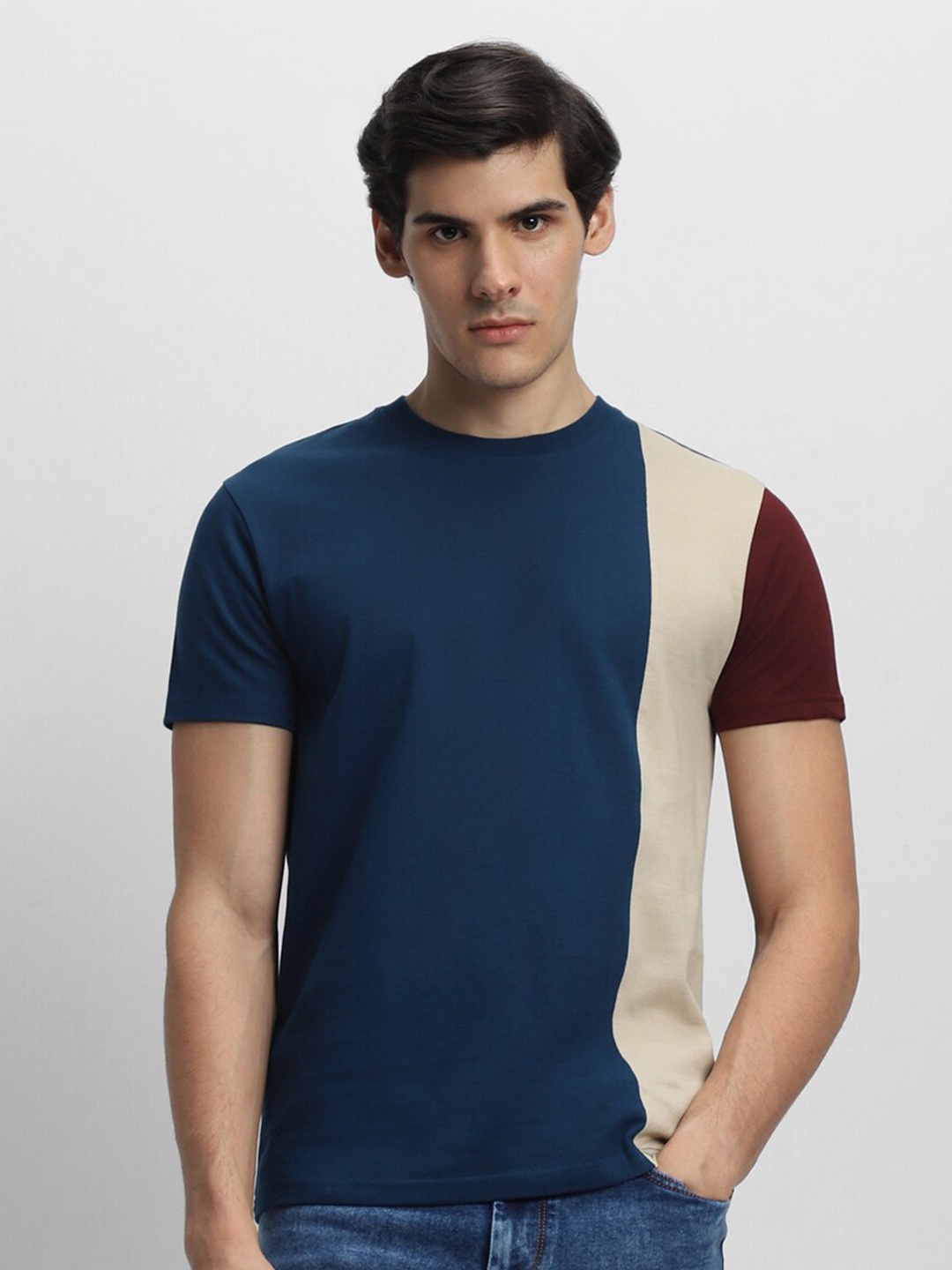 

Dennis Lingo Colourblocked Pure Cotton Slim Fit T-shirt, Blue