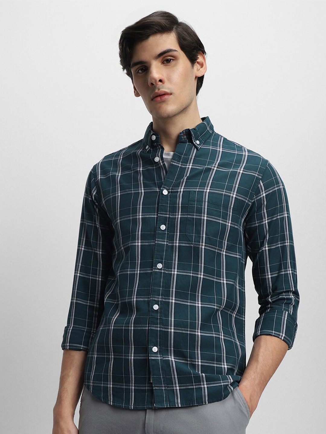 

Dennis Lingo Tartan Checked Pure Cotton Slim Fit Casual Shirt, Teal