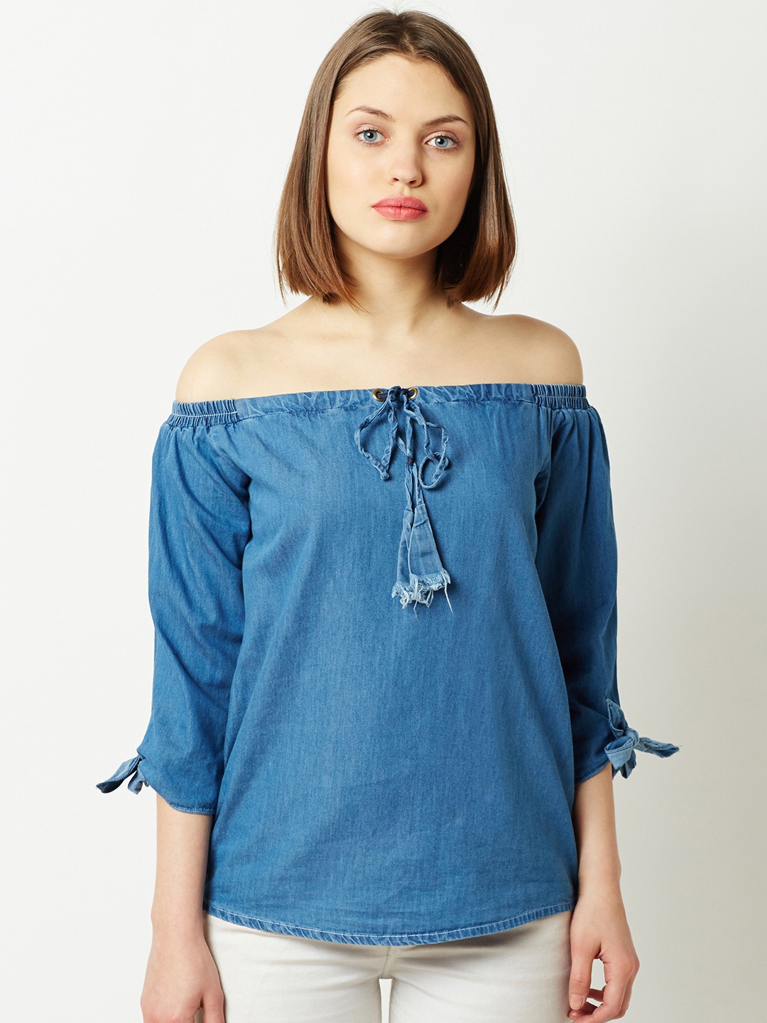 

Miss Chase Women Blue Solid Denim Bardot Top