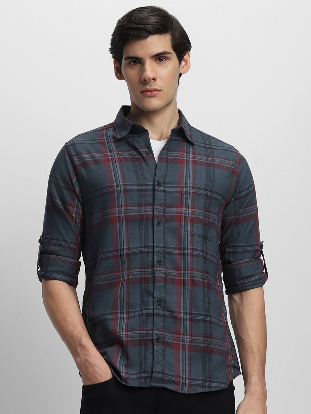 

Dennis Lingo Slim Fit Checked Roll-Up Sleeves Pure Cotton Casual Shirt, Grey